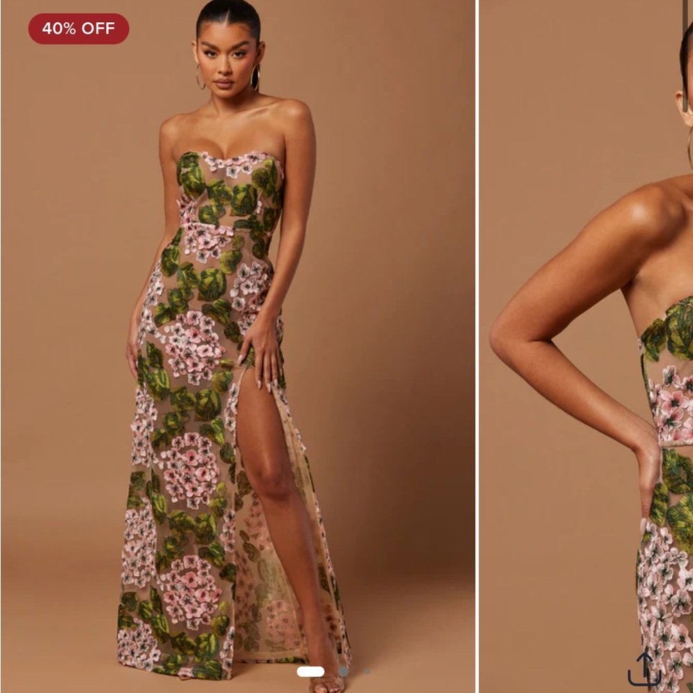 Fashion Nova Strapless Floral Dress - Pink and Green
